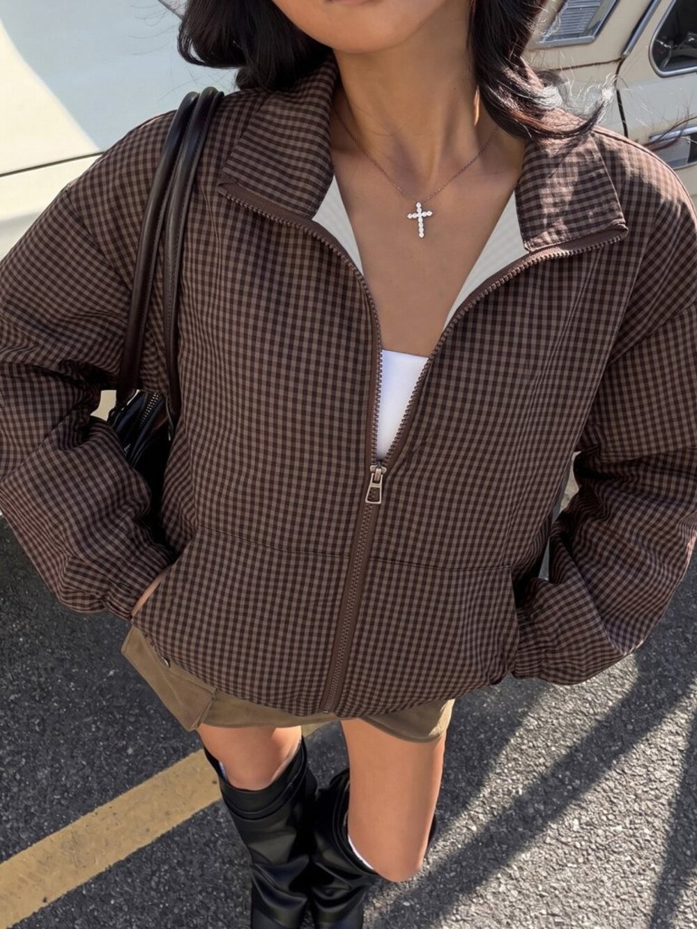 Chocolate Brown Casual Women's Plaid Woven Lightweight Jacket